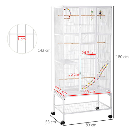 PawHut 3 Tier Bird Cage with Stand, Wheels, Toys, Ladders, for Canaries, Finches, Cockatiels, Parakeets, Budgie Cage with Accessories - White