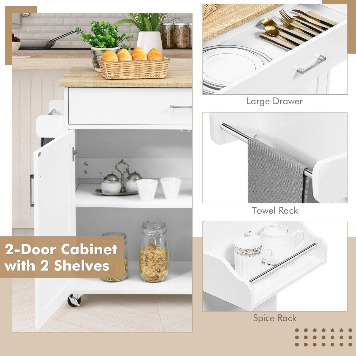 Rolling Kitchen Island with Adjustable Shelf and Large Drawer