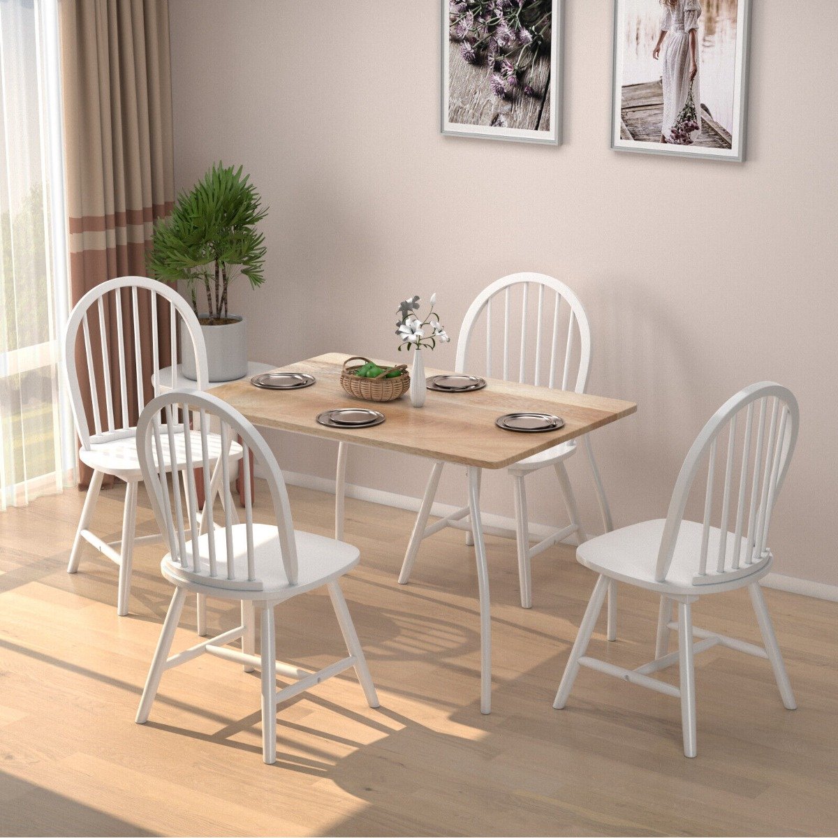 2 Piece Wooden Kitchen Dining chairs with High Spindle Back-White
