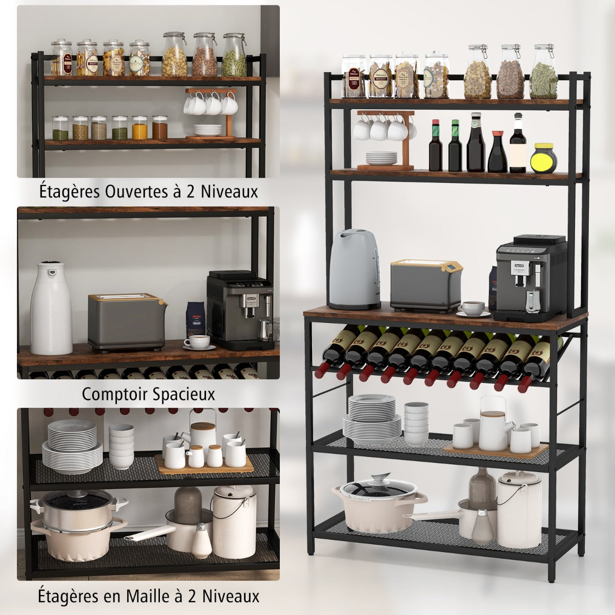 6-Tier Kitchen Baker’s Rack with Wine Storage-Brown