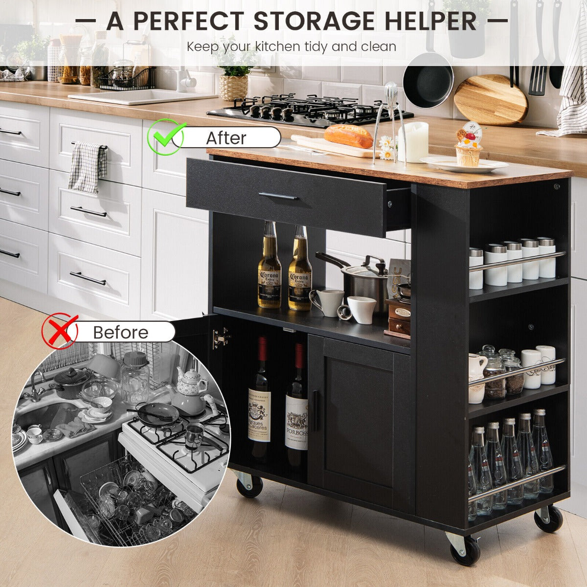 Rolling Kitchen Storage Trolley with Towel Bar Drawer and 2-Door Cabinet-Black