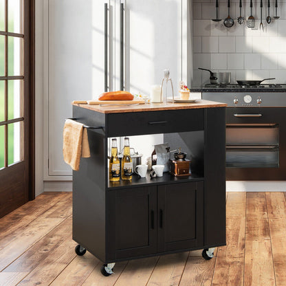 Rolling Kitchen Storage Trolley with Towel Bar Drawer and 2-Door Cabinet-Black