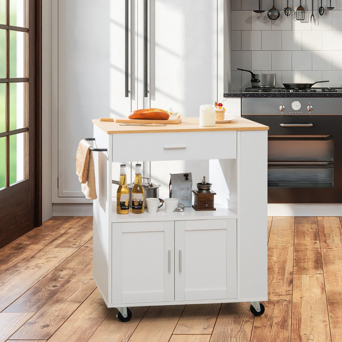 Rolling Kitchen Storage Trolley with Towel Bar Drawer and 2-Door Cabinet-White