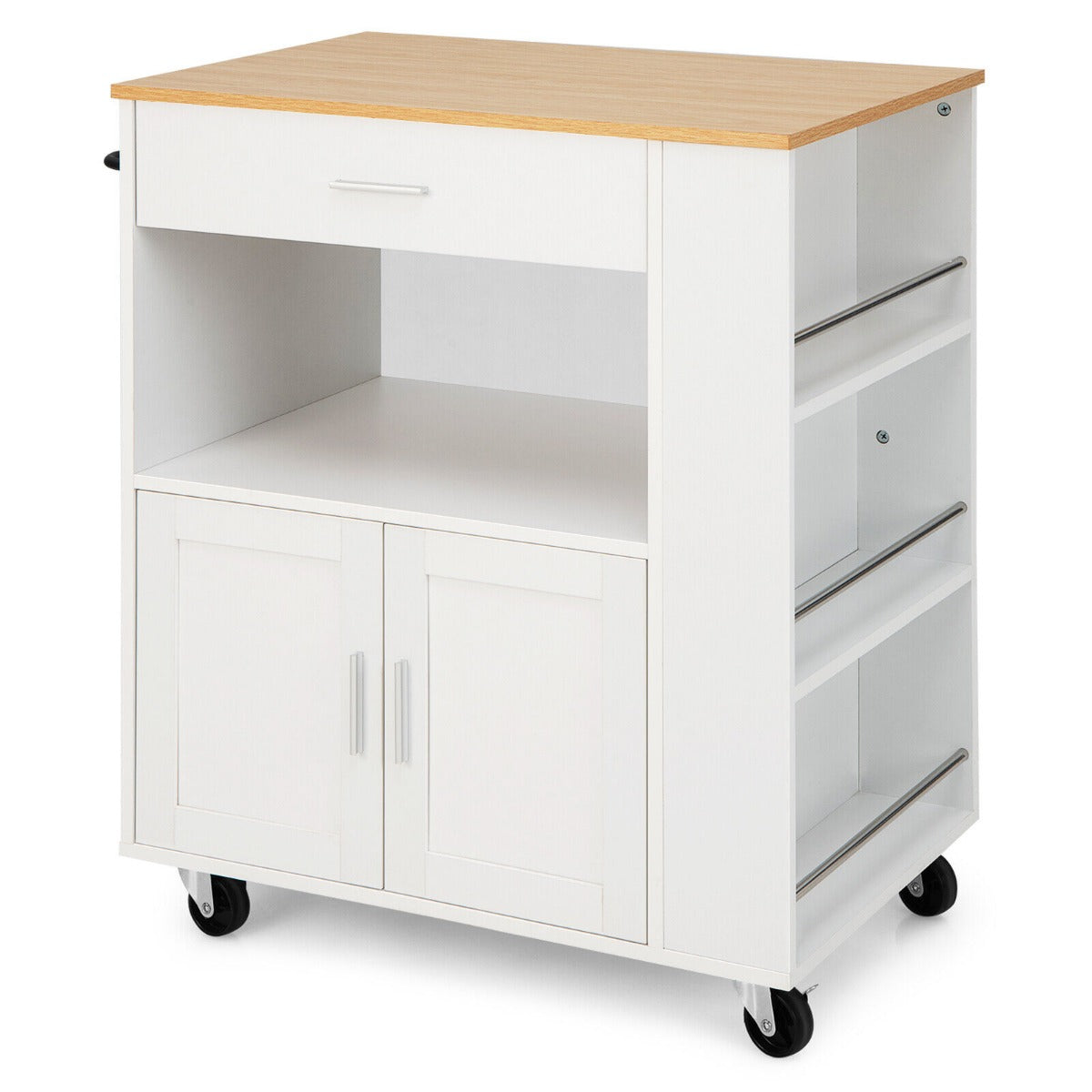 Rolling Kitchen Storage Trolley with Towel Bar Drawer and 2-Door Cabinet-White