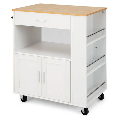 Rolling Kitchen Storage Trolley with Towel Bar Drawer and 2-Door Cabinet-White