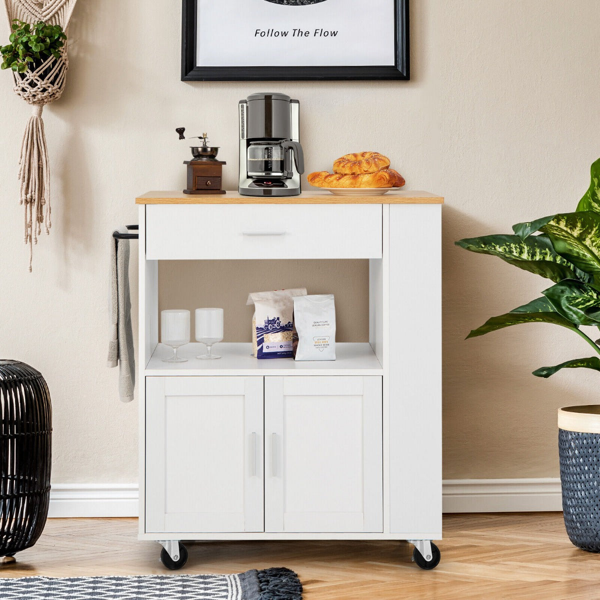 Rolling Kitchen Storage Trolley with Towel Bar Drawer and 2-Door Cabinet-White