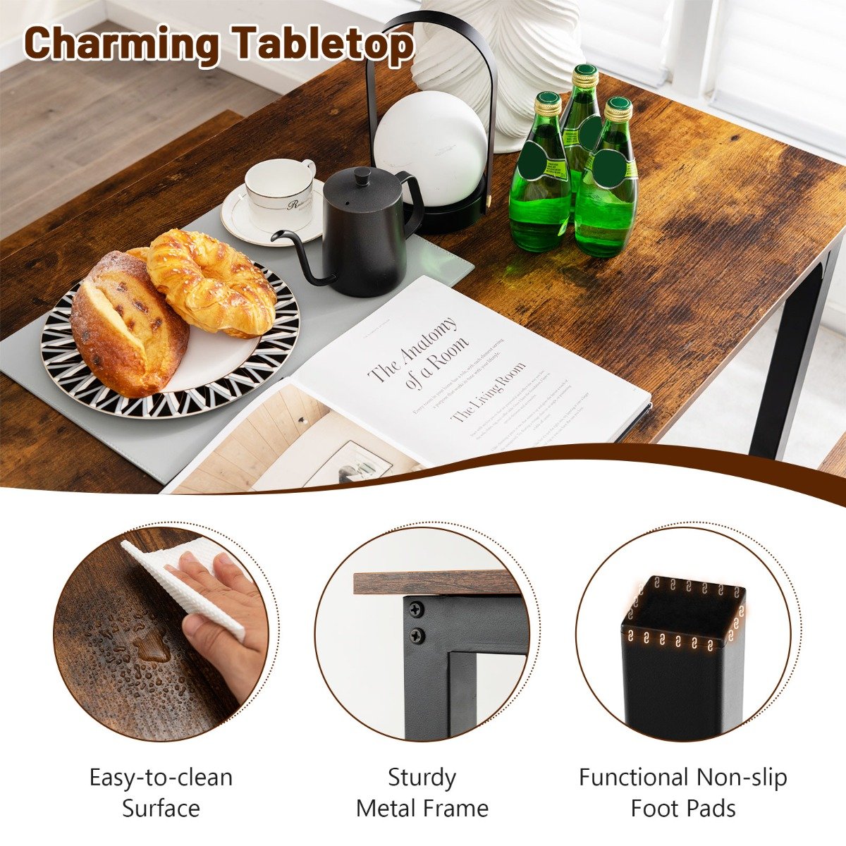 3 Pieces Space-Saving Dining Breakfast Table Set with 2 Benches-Coffee