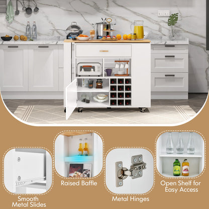 Reversible Folding Kitchen Island Cart with Wine Rack and Spice Rack