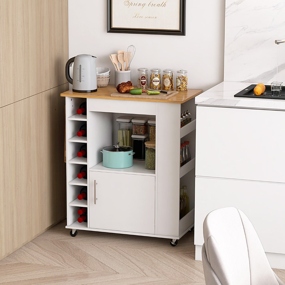 Rolling Kitchen Island with Storage and Towel Rack-White