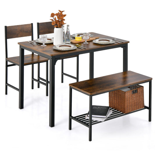 4 Pieces Rustic Dining Table Set with 2 Chairs and Bench-Rustic Brown