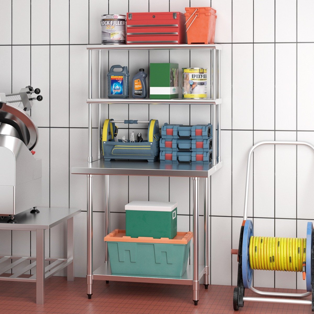 36 Inch Stainless Steel Overshelf with Adjustable Lower Shelf and Work Table