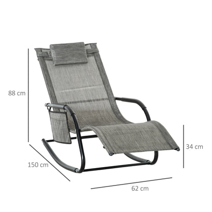 2 Piece Outdoor Garden Rocking Chair, Patio Sun Lounger Rocker With Breathable Mesh, Removable Headrest Pillow, Side Storage - Dark Grey