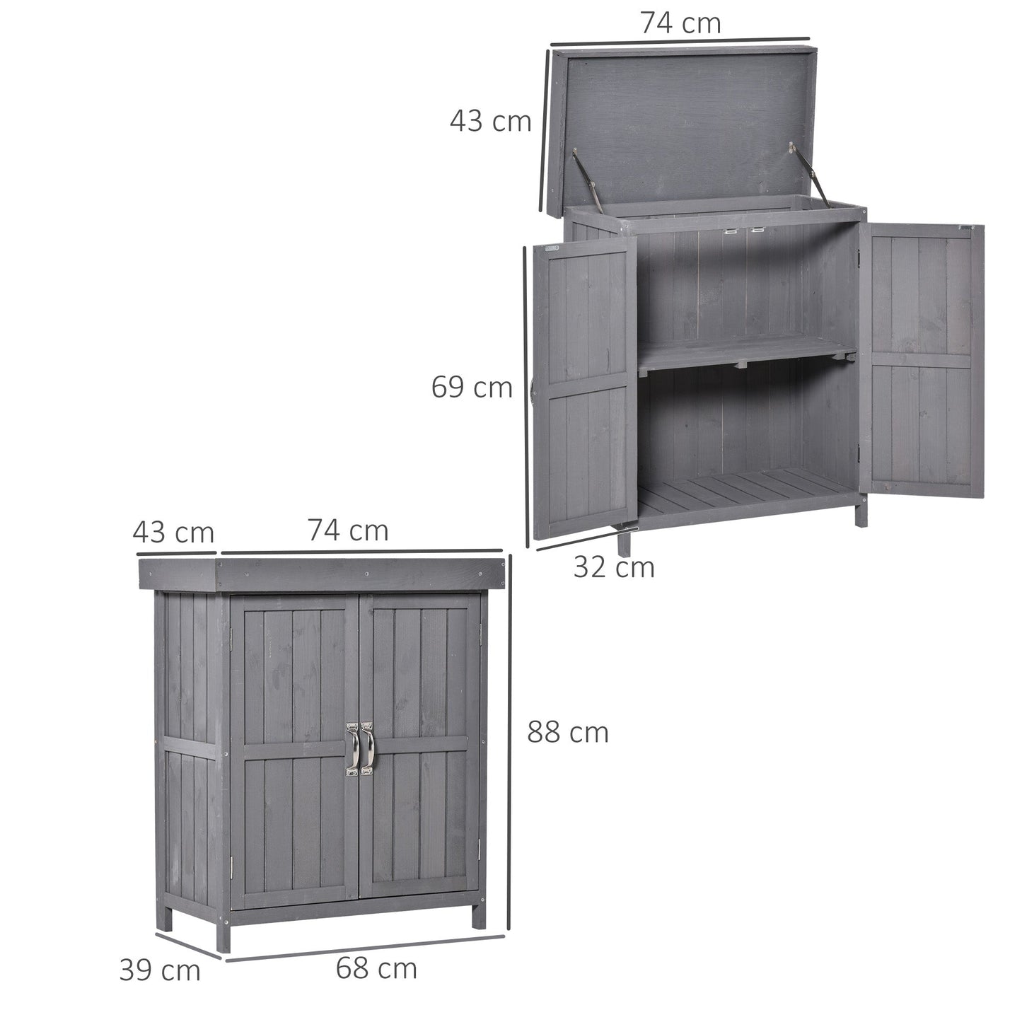 Outsunny Wooden Garden Storage Shed Tool Cabinet Organiser with Shelves, Two Doors,74 x 43 x 88cm, Grey