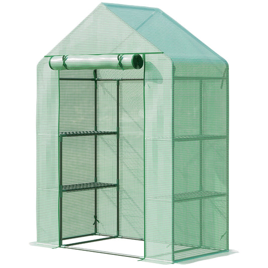 Outsunny Walk In Greenhouse z półkami, przenośna szklarnia do uprawy roślin na zewnątrz z 2-poziomową półką, zwijane drzwi z zamkiem błyskawicznym, pokrowiec z PE, 141 x 72 x 191 cm, zielony