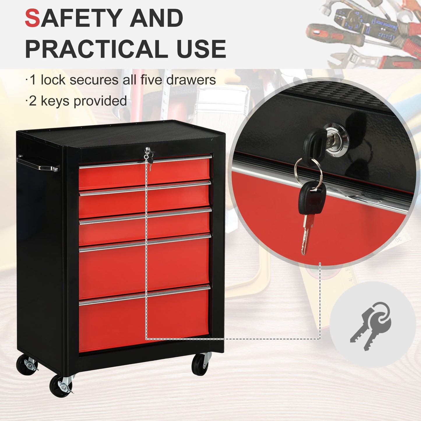 5-Drawer Tool Chest, Lockable Steel Tool Storage Cabinet with Wheels and Handle Tool Box for Garage, Workshop, Red