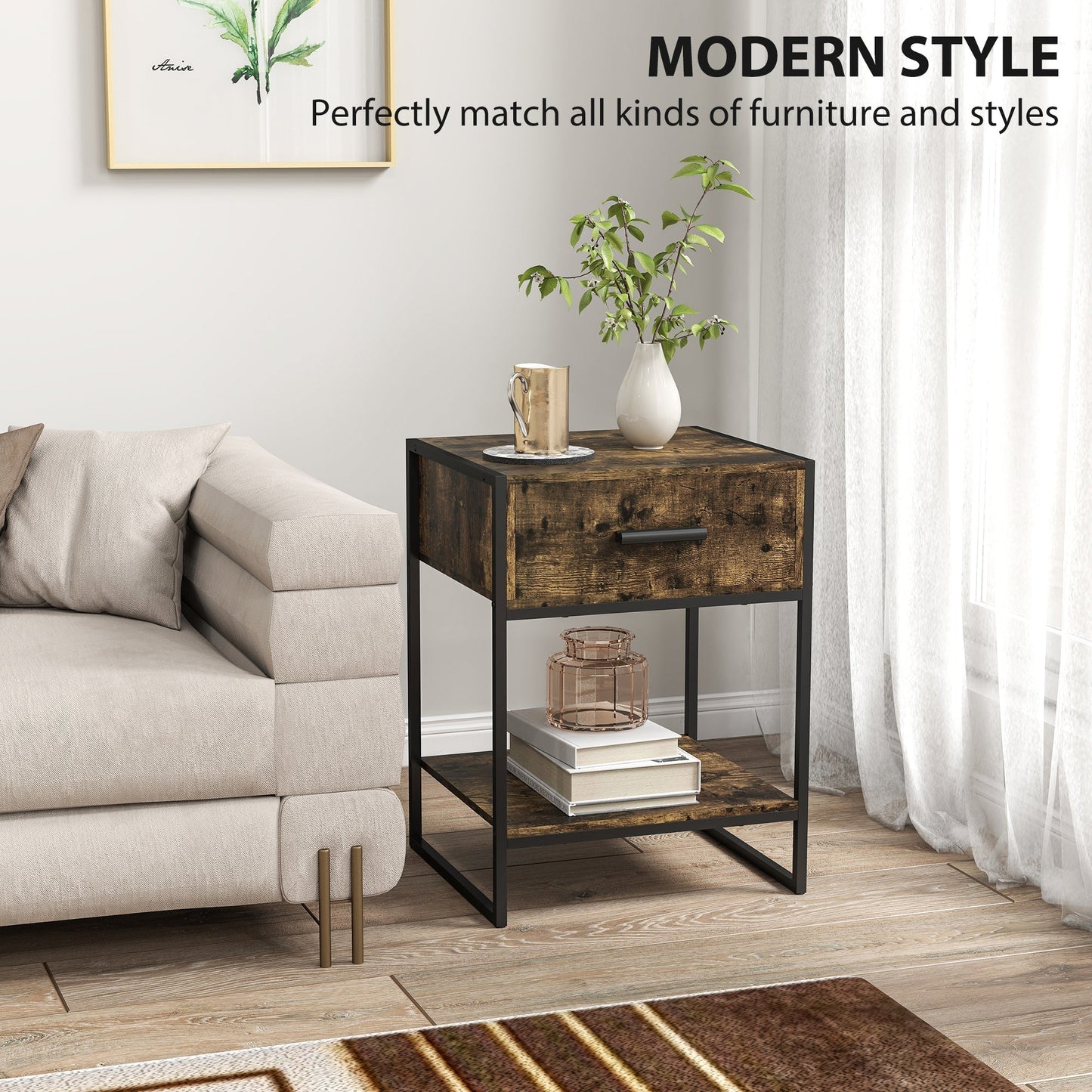 HOMCOM Modern Bedside Table - Rustic Brown