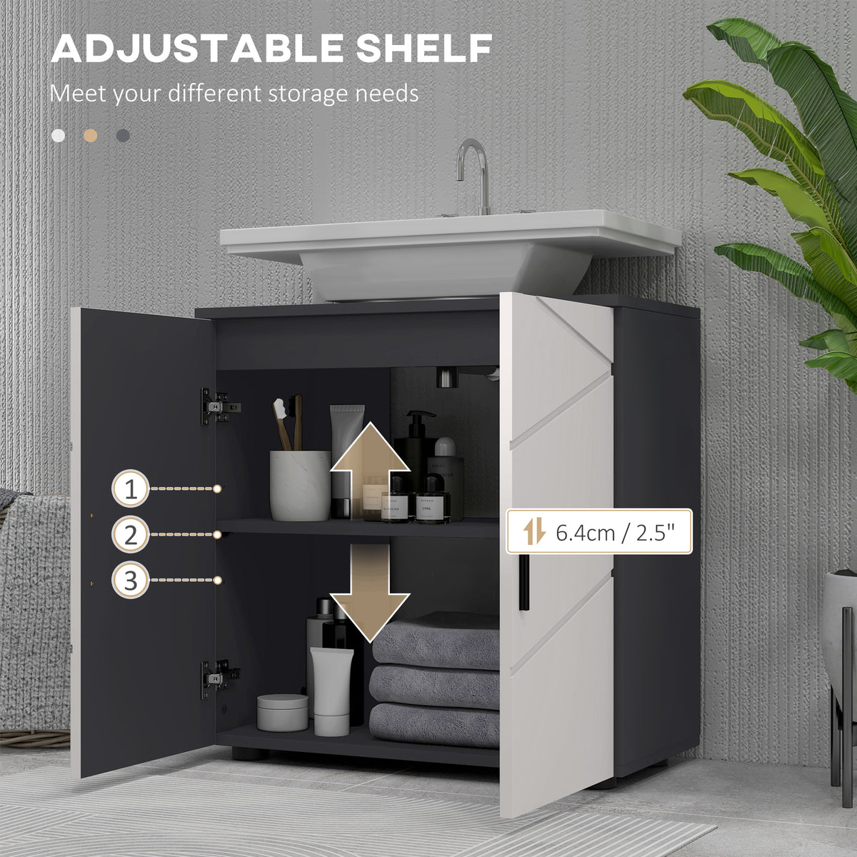 kleankin Under Sink Bathroom Cabinet, Bathroom Sink Cabinet with Soft-Close Doors, Adjustable Shelf, 10 x 20cm U Shaped Cut-Out, Storage Cupboard for Basin without Pedestal, Light Grey