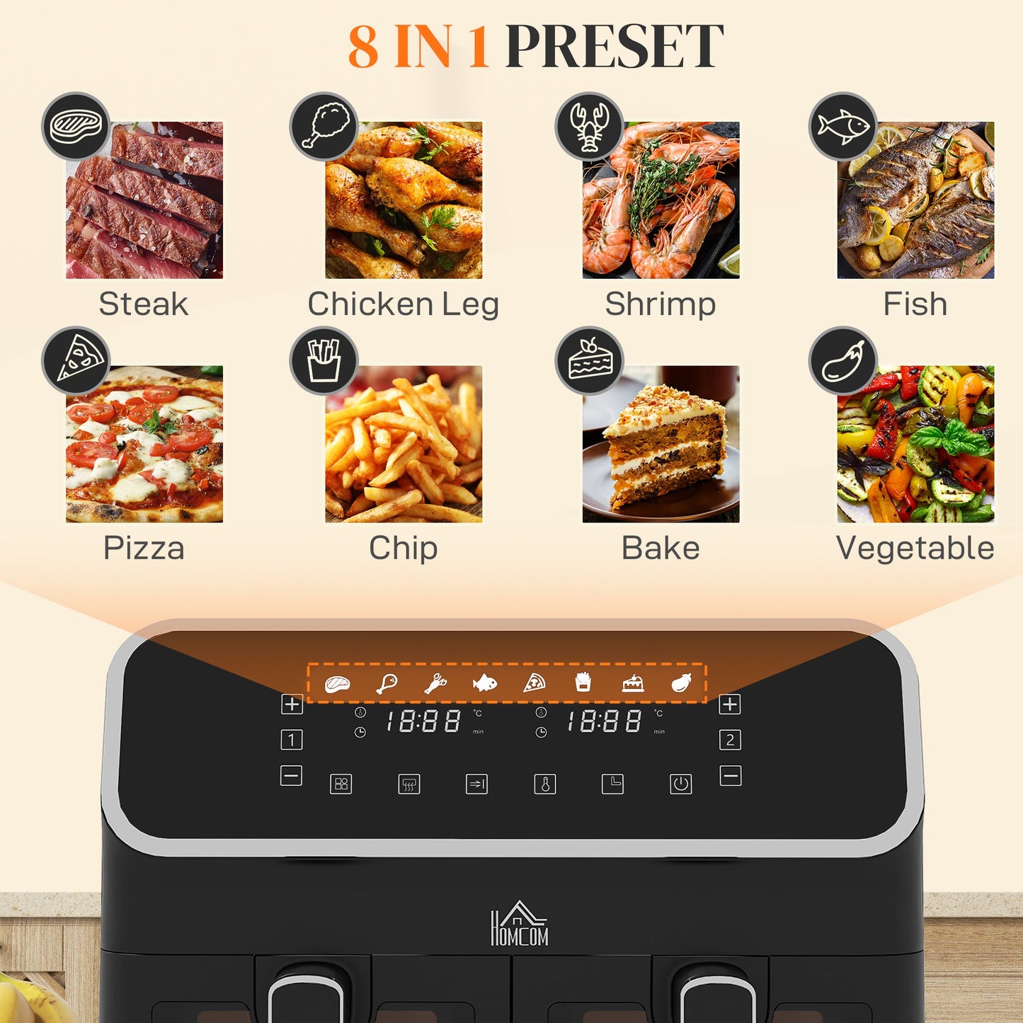 HOMCOM 8L Dual Basket Air Fryer, 80-200â Air Fryer Oven with 2 Baskets and Sync Function - Black/Silver