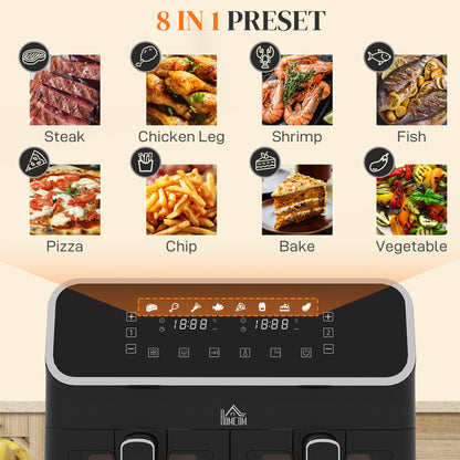 HOMCOM 8L Dual Basket Air Fryer, 80-200â Air Fryer Oven with 2 Baskets and Sync Function - Black/Silver