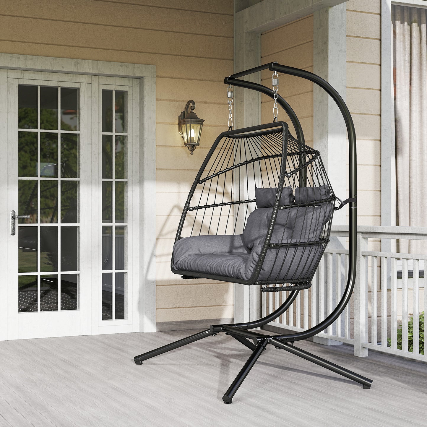 Outsunny Rattan Double Hanging Egg Chair ze stojakiem, składany wiklinowy fotel w kształcie jajka z poduszką, poduszki pod głowę, stalowa rama, fotel hamakowy do wewnątrz i na zewnątrz, nośność 260 kg, ciemnoszary