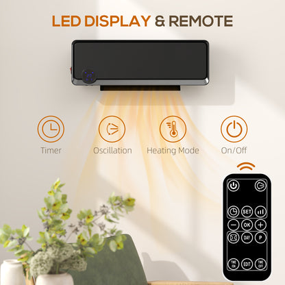 HOMCOM Wall Downflow Heater 2 Heat and Fan 1000W/2000W, Electric Space Heater with Timer Remote Oscillating, for Bedroom Home Office, Black