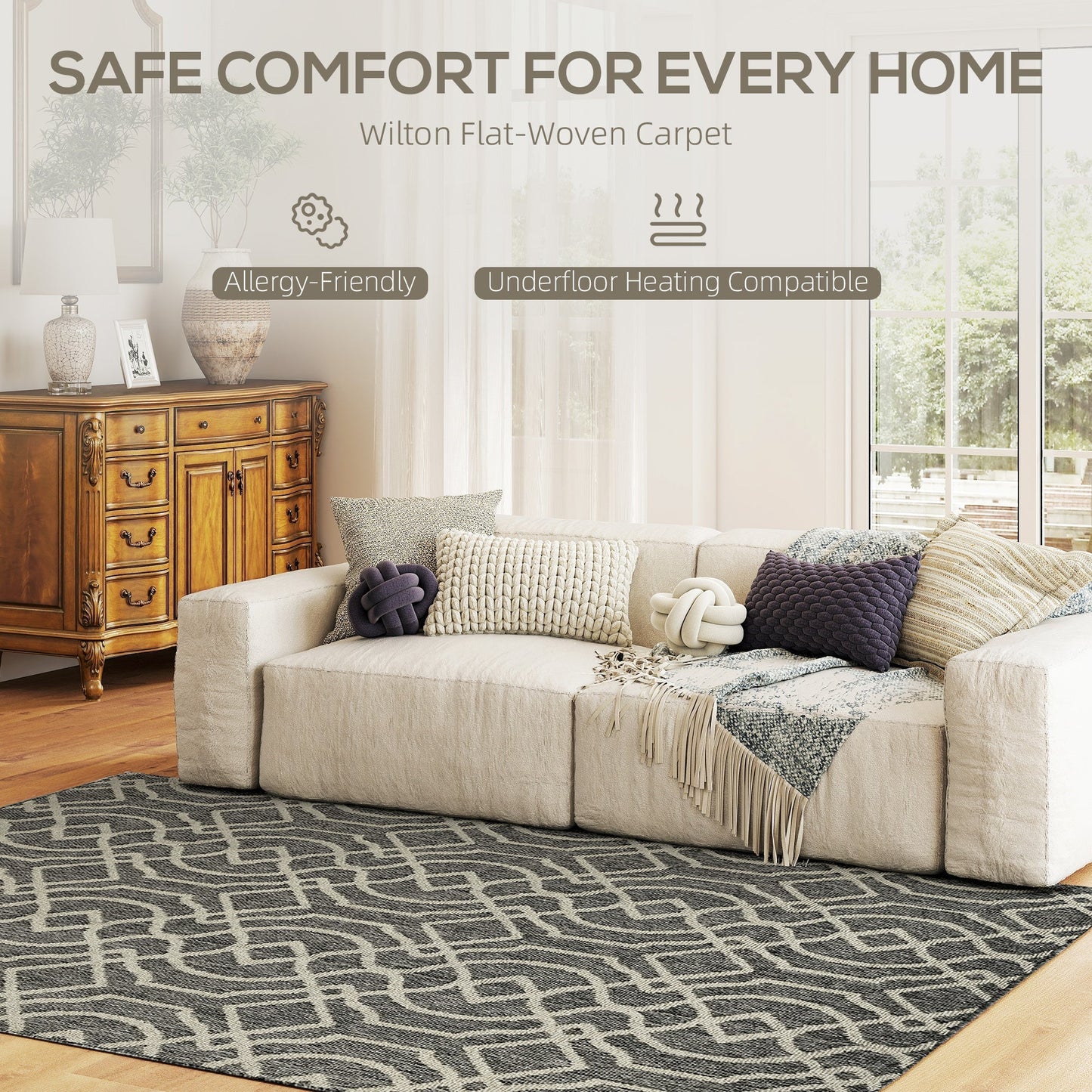 HOMCOM UV Resistant Indoor & Outdoor Area Rug, Easy-Cleaning Machine Washable Rug with Geometric Pattern for Patio, Garden, Kitchen, Bathroom or Living Room, 230 x 160 cm, Grey
