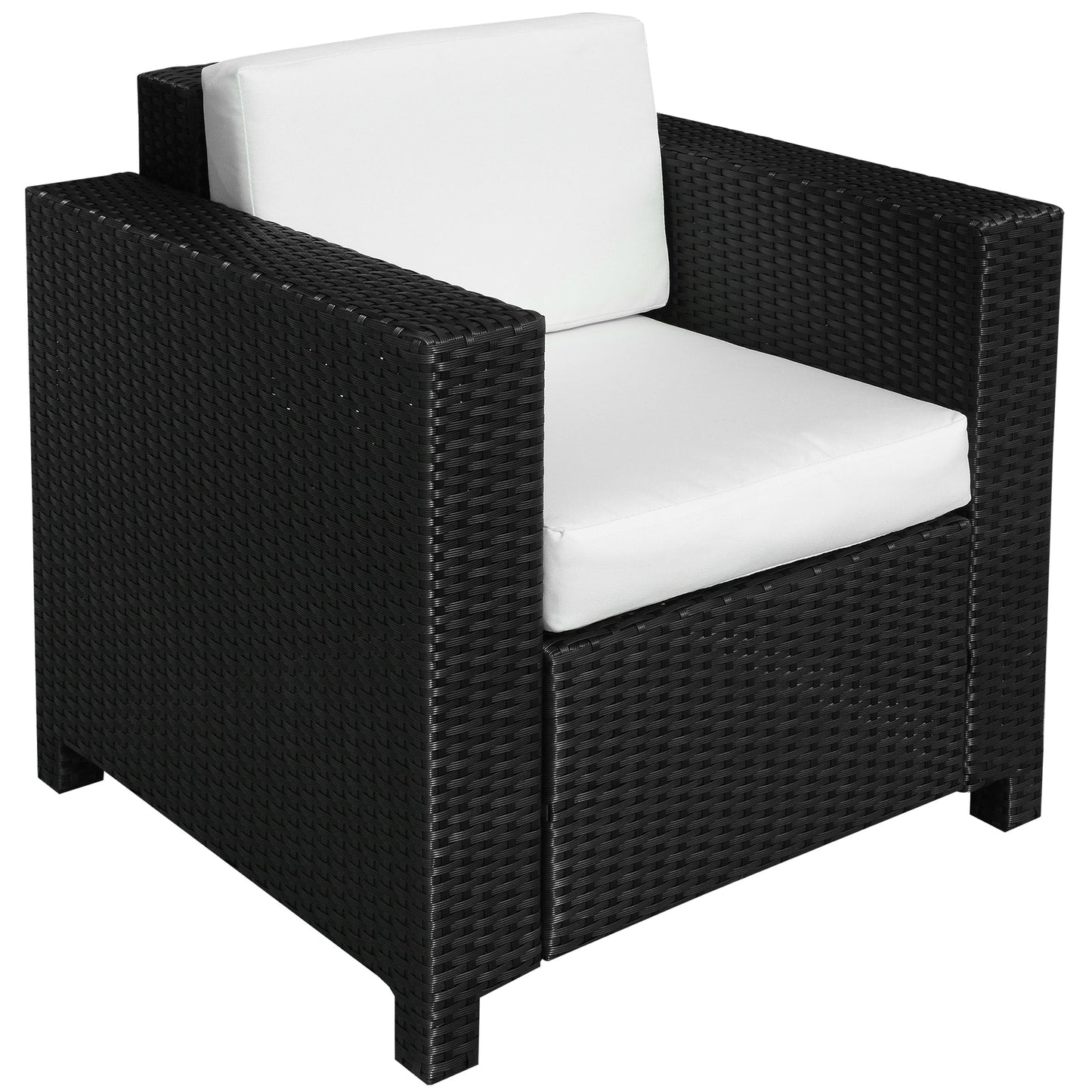 Outsunny Jednoosobowa sofa rattanowa z 10 cm grubą wyściełaną poduszką, fotel ogrodowy z plecionki PE, odporny na warunki atmosferyczne, z podłokietnikami, czarny