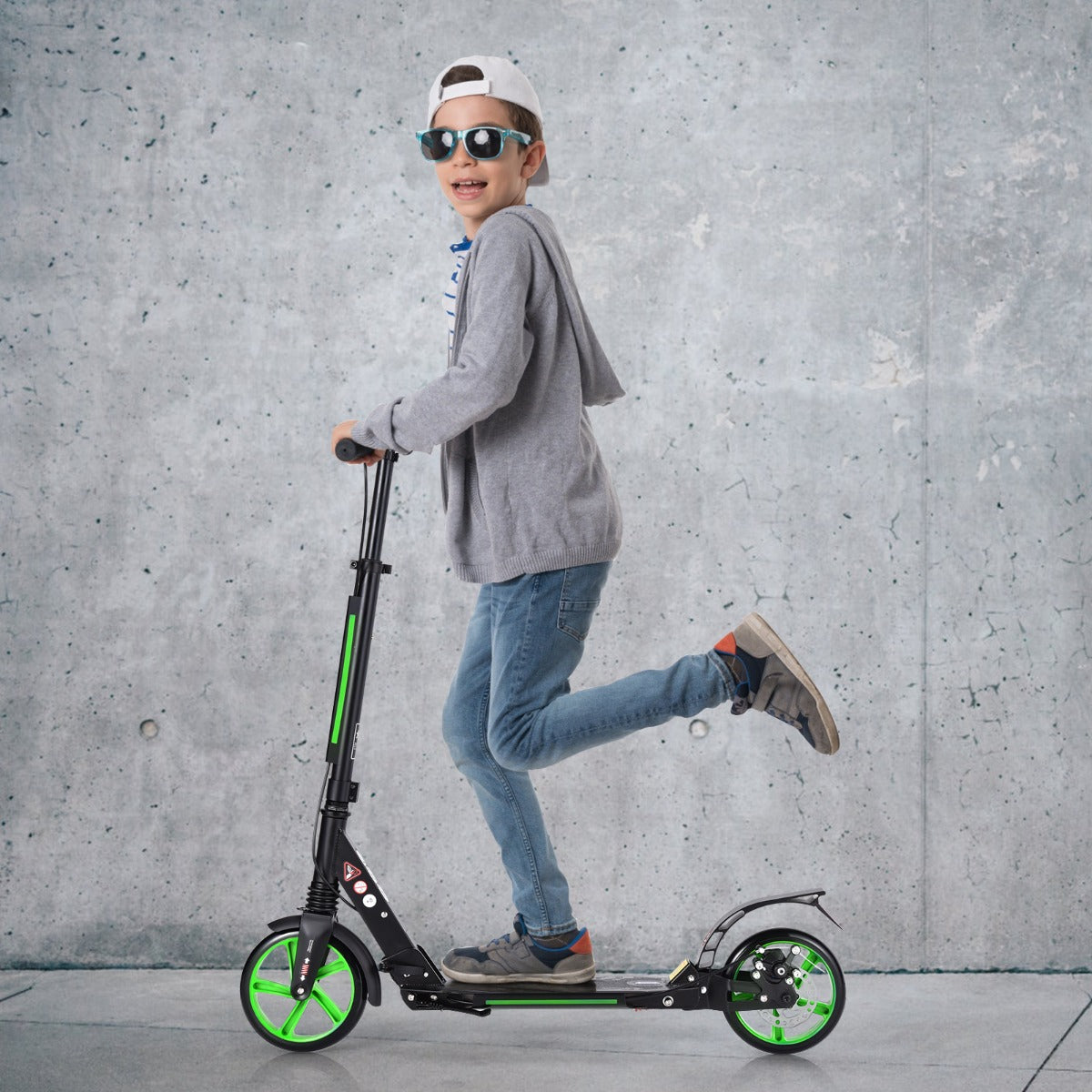 Kick Scooter with Adjustable Handlebar and Anti-Shocking Suspension-Green