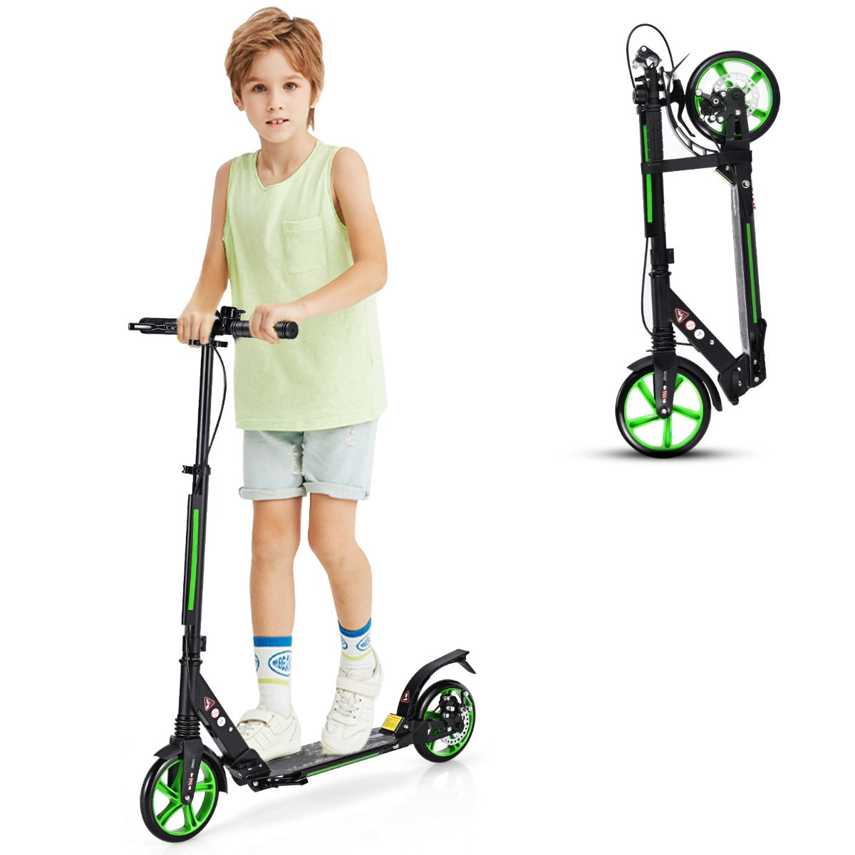 Kick Scooter with Adjustable Handlebar and Anti-Shocking Suspension-Green