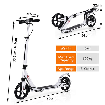 Kick Scooter with Adjustable Handlebar and Anti-Shocking Suspension-White