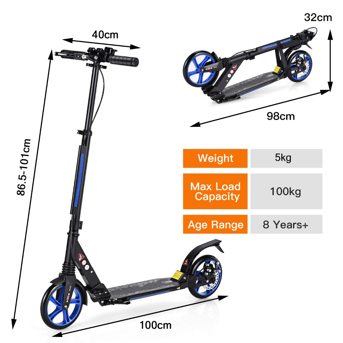 Kick Scooter with Adjustable Handlebar and Anti-Shocking Suspension-Blue