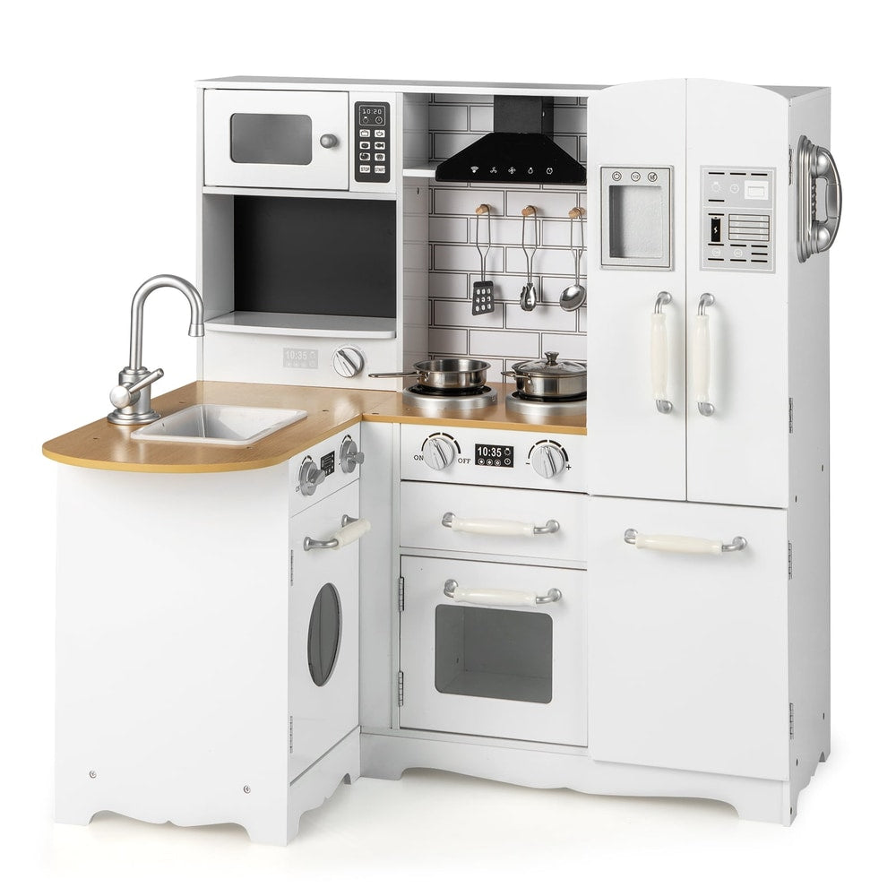 Kid's Corner Kitchen Playset Wooden Play Kitchen with Range Hood-White