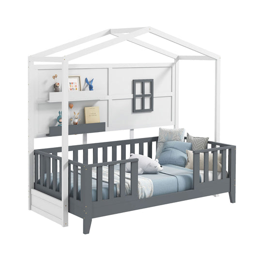 Kids Montessori Wood House Bed Bed with 2 Shelves and Guardrails-Gray &amp; White-Single Size