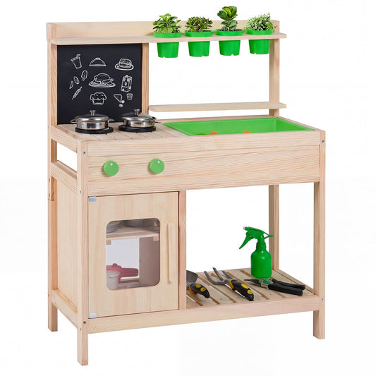 Kids Mud Kitchen Play Pretend Kitchen with Chalkboard Rotation Knobs and Cabinet