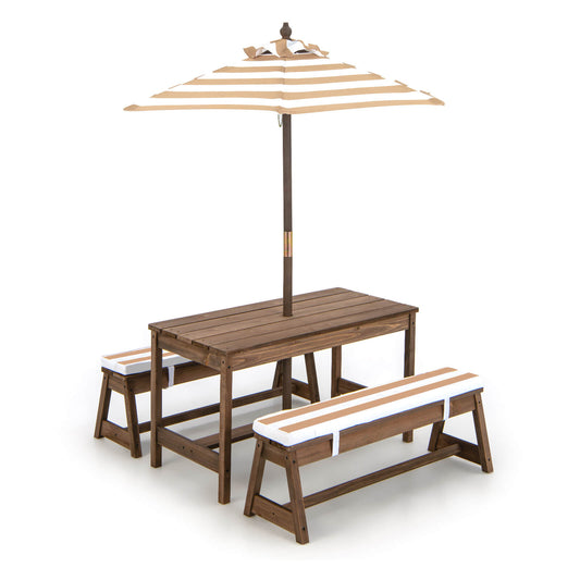 Kids Picnic Table with Cushions and Umbrella-Brown