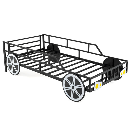 Kids Single Size Metal Car-Shaped Platform Bed Frame with Wheels-Black