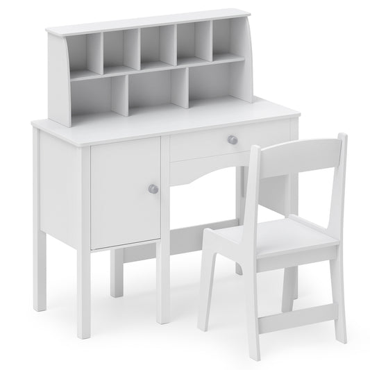 Kids Study Desk and Chair Set with Hutch and Storage Cabinet-White