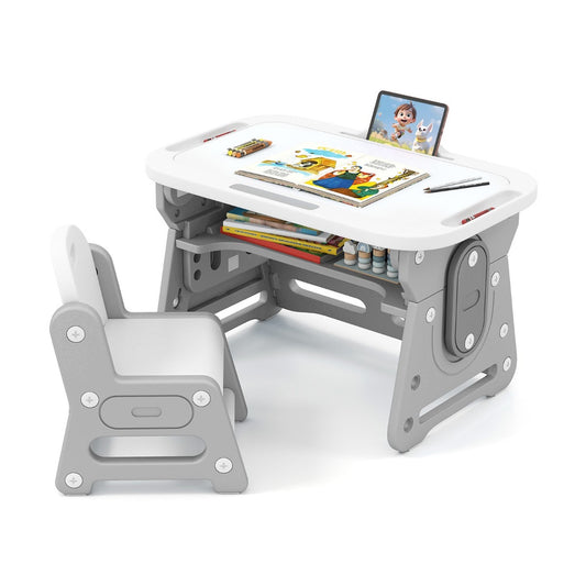 Kids Table and Chair Set with Tiltable Whiteboard and Book Stand-Grey