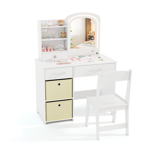 Kids Vanity Set with Lighted Mirror and Storage Drawers-White