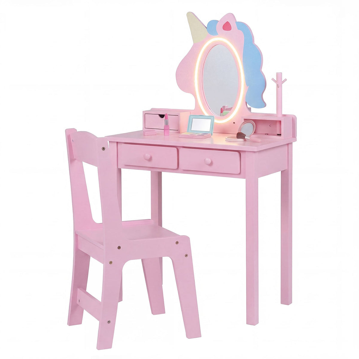 Kids Vanity Set with Lighted Unicorn Mirror & Stool and Jewelry Rack for Girls-Pink