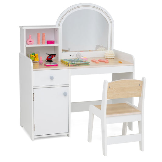 Kids Vanity Table and Chair Set with Shelves Drawer and Cabinet-Natural & White