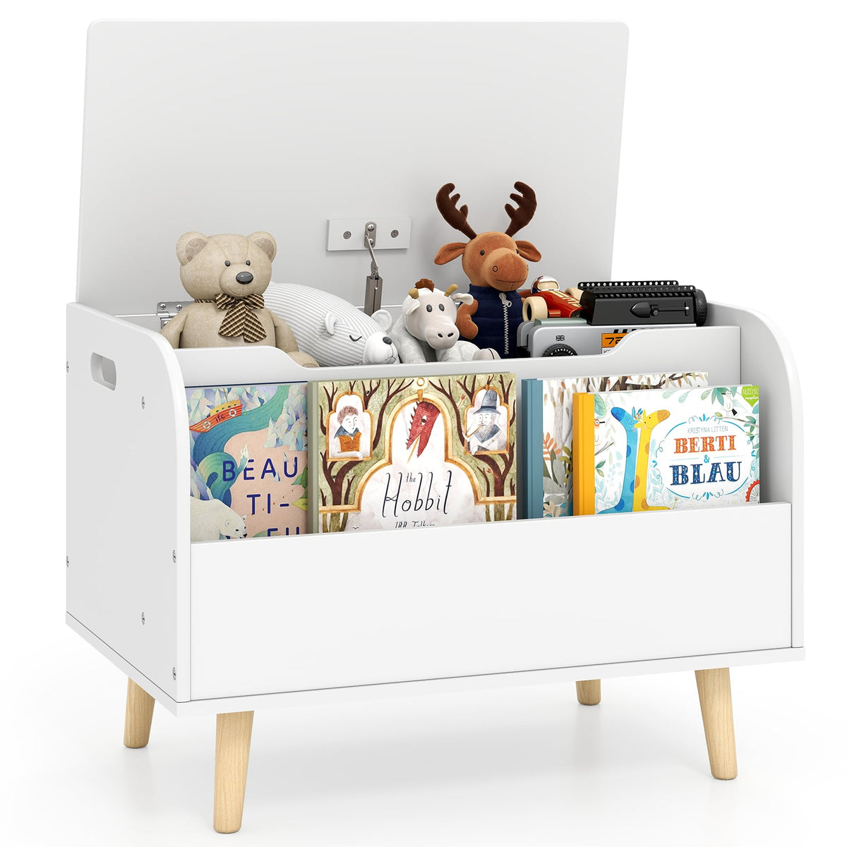 Kids Wooden Toy Box with Front Bookshelf 4 Solid Wood Legs-White