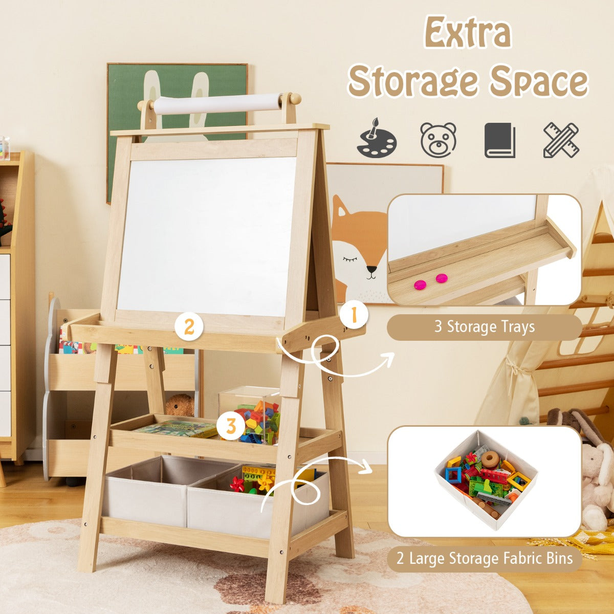 Children's Double-Sided Art Easel with Paper Roll-Natural