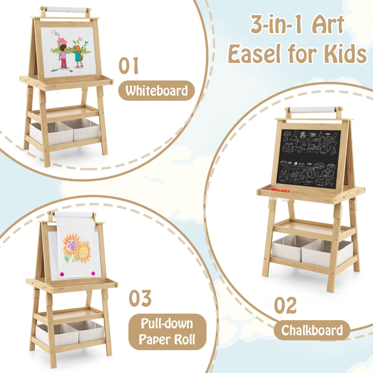Children's Double-Sided Art Easel with Paper Roll-Natural