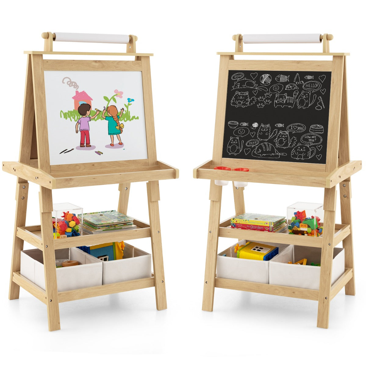 Children's Double-Sided Art Easel with Paper Roll-Natural