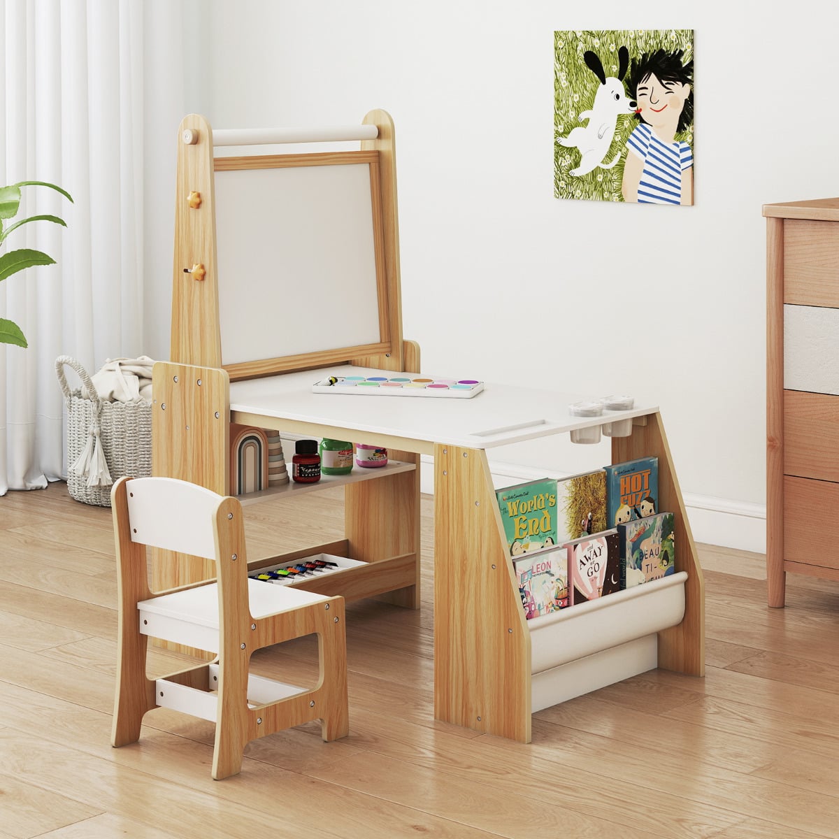 Kids Art Table and Chair Set Multifunctional Kids Activity-Natural