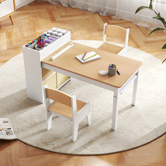 Kids Art Table and Chairs Set with Paper Roll and Storage Shelves-Natural