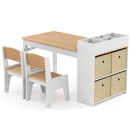 Kids Art Table and Chairs Set with Paper Roll and Storage Shelves-Natural