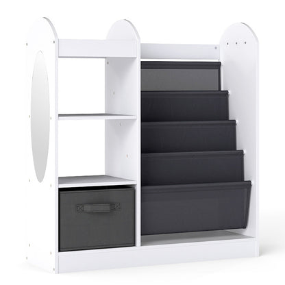 Kids Bookshelf with Full-Length Mirror and 4-Tier Sling Shelves-White