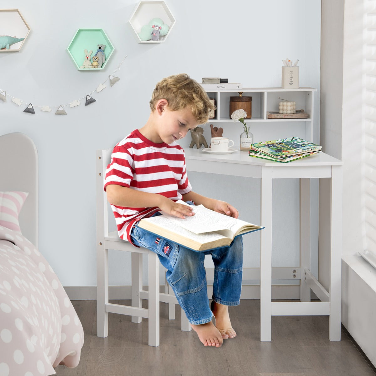 Kids Corner Desk and Chair Set with Chair and Hutch-White